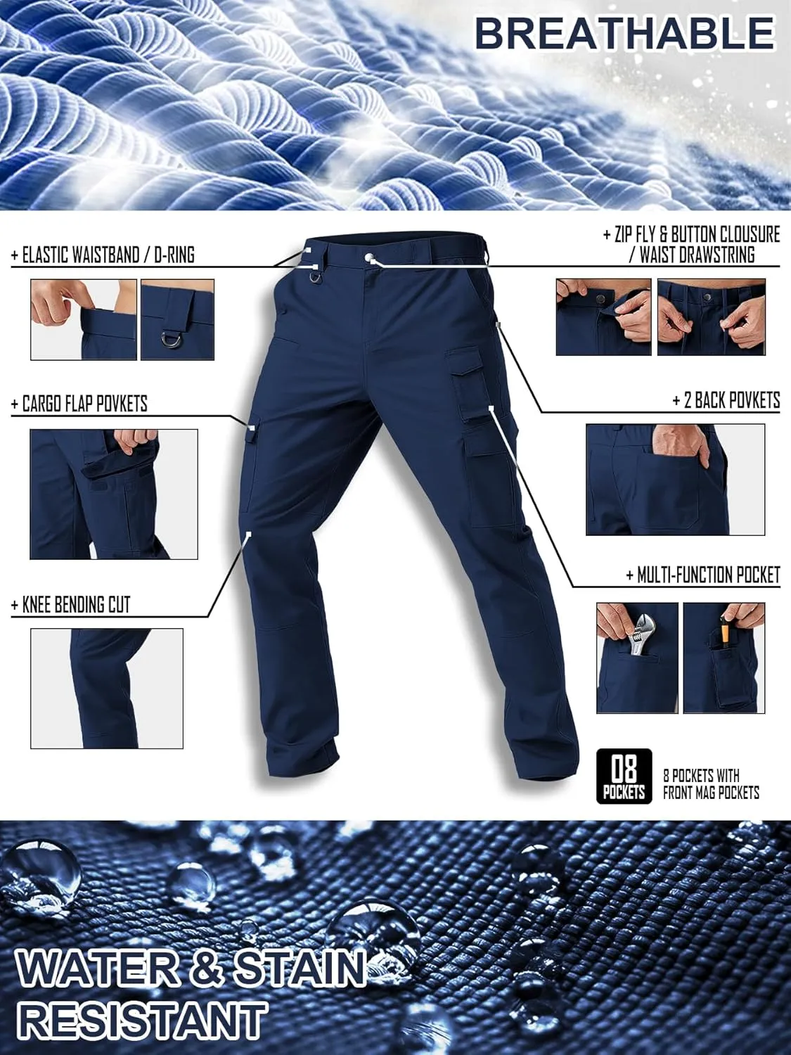 Men's Cargo Work Pants Water Resistant Tactical Pants 29.1" Lightweight Hiking Ripstop Pants Outdoor Apparel
