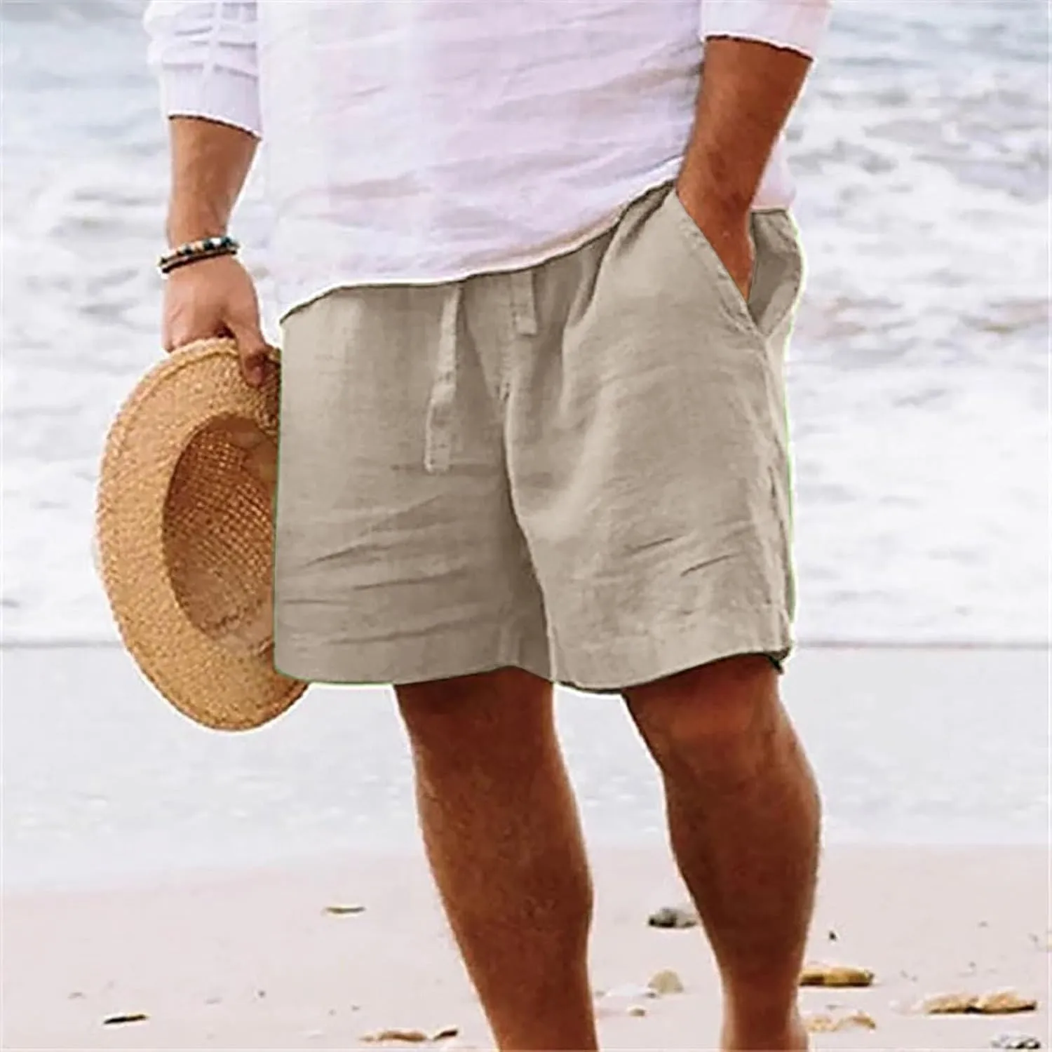 Mens Cotton Linen Shorts Casual Loose Beach Shorts Soft Comfy Lounge Shorts Lightweight Breathable Short Pants