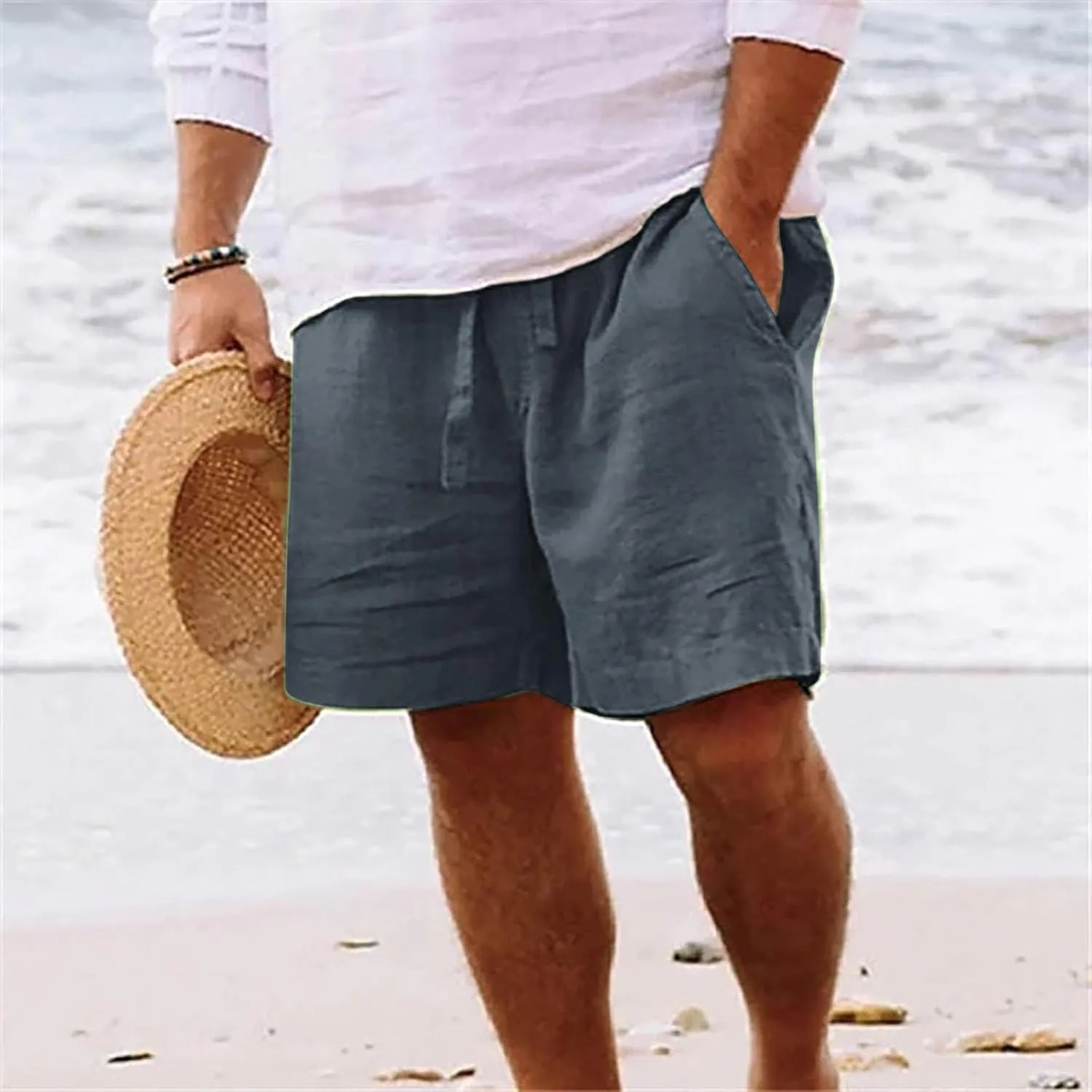 Mens Cotton Linen Shorts Casual Loose Beach Shorts Soft Comfy Lounge Shorts Lightweight Breathable Short Pants