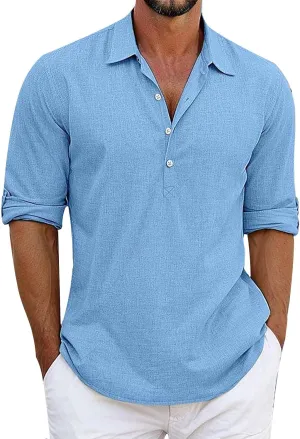 Mens Elbow Sleeves Polo Shirts Loose Fit 4 Buttons Lapel Collar Casual Business Linen T-Shirts Workout Pullover Tops