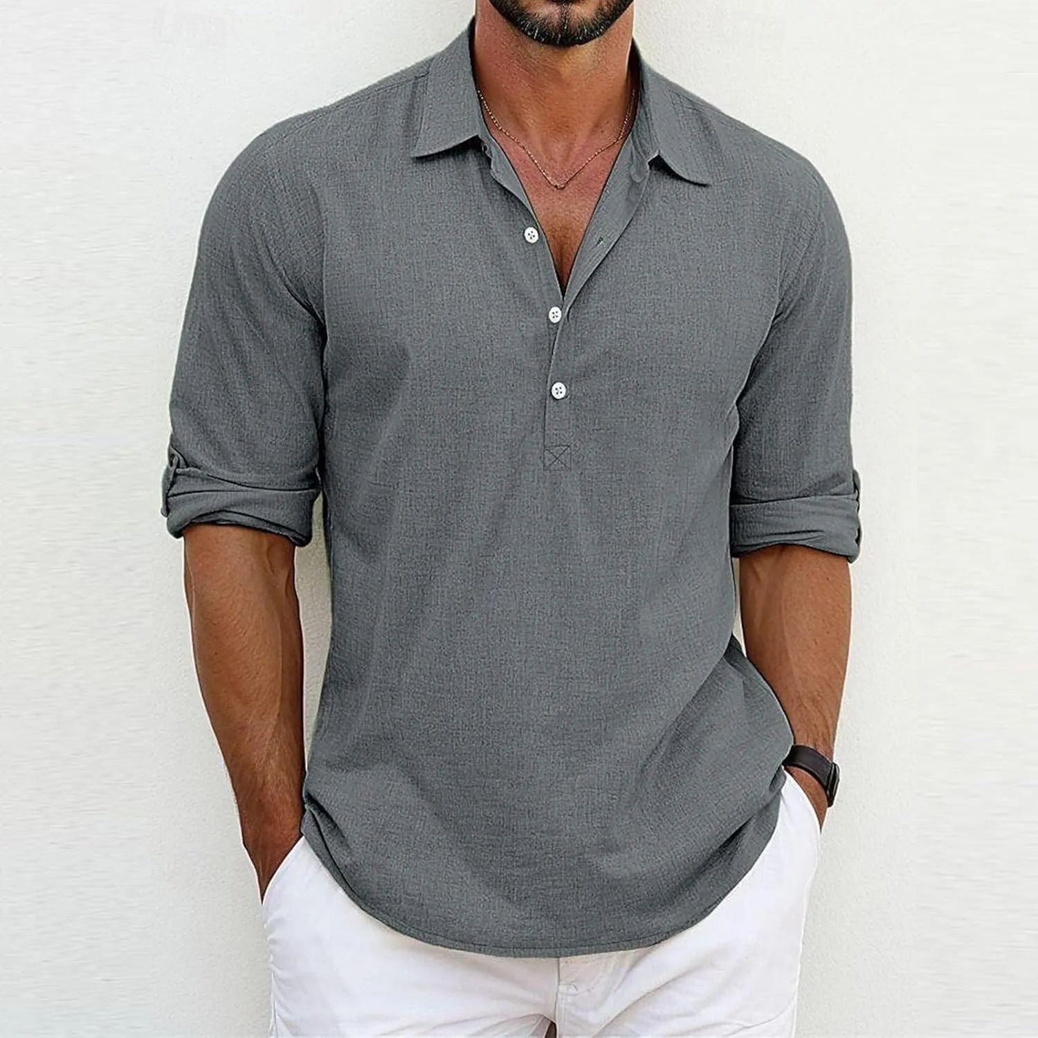 Mens Elbow Sleeves Polo Shirts Loose Fit 4 Buttons Lapel Collar Casual Business Linen T-Shirts Workout Pullover Tops