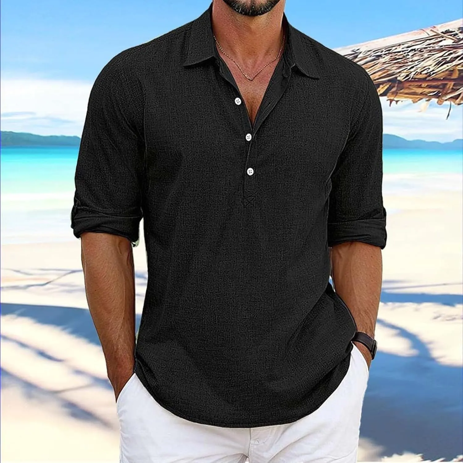 Mens Elbow Sleeves Polo Shirts Loose Fit 4 Buttons Lapel Collar Casual Business Linen T-Shirts Workout Pullover Tops