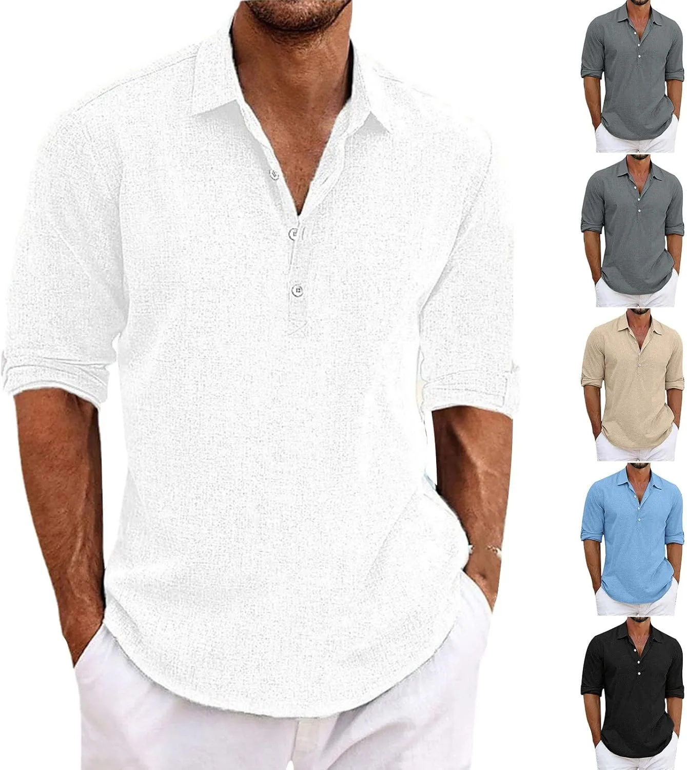 Mens Elbow Sleeves Polo Shirts Loose Fit 4 Buttons Lapel Collar Casual Business Linen T-Shirts Workout Pullover Tops