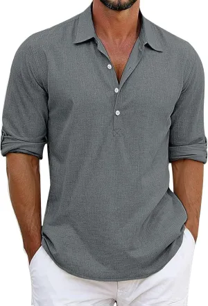 Mens Elbow Sleeves Polo Shirts Loose Fit 4 Buttons Lapel Collar Casual Business Linen T-Shirts Workout Pullover Tops