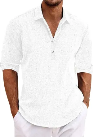 Mens Elbow Sleeves Polo Shirts Loose Fit 4 Buttons Lapel Collar Casual Business Linen T-Shirts Workout Pullover Tops