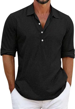 Mens Elbow Sleeves Polo Shirts Loose Fit 4 Buttons Lapel Collar Casual Business Linen T-Shirts Workout Pullover Tops