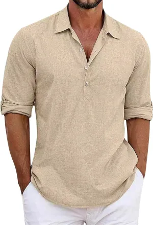 Mens Elbow Sleeves Polo Shirts Loose Fit 4 Buttons Lapel Collar Casual Business Linen T-Shirts Workout Pullover Tops