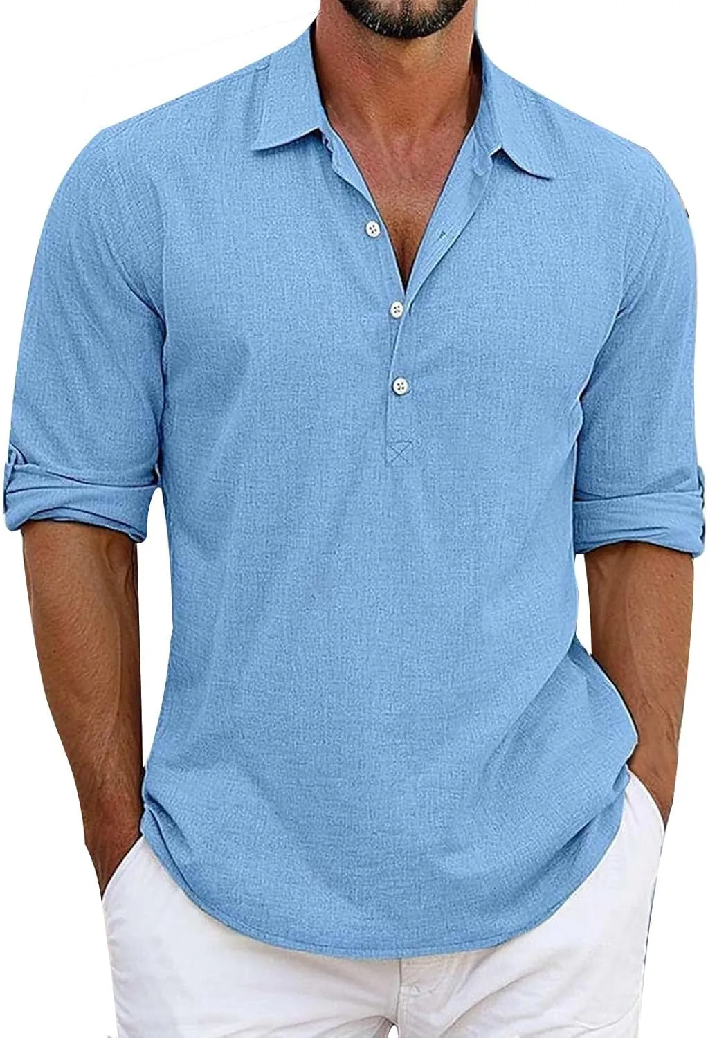 Mens Elbow Sleeves Polo Shirts Loose Fit 4 Buttons Lapel Collar Casual Business Linen T-Shirts Workout Pullover Tops