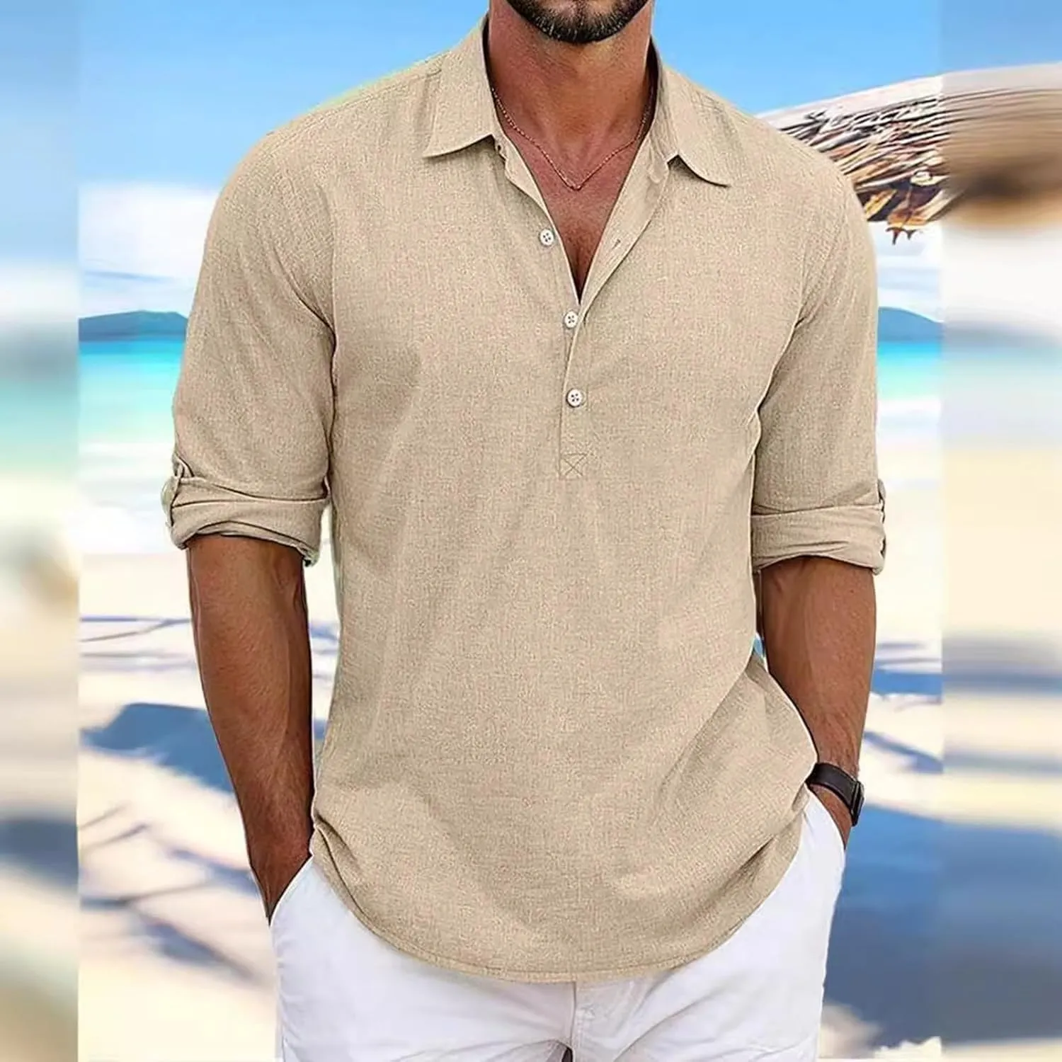 Mens Elbow Sleeves Polo Shirts Loose Fit 4 Buttons Lapel Collar Casual Business Linen T-Shirts Workout Pullover Tops