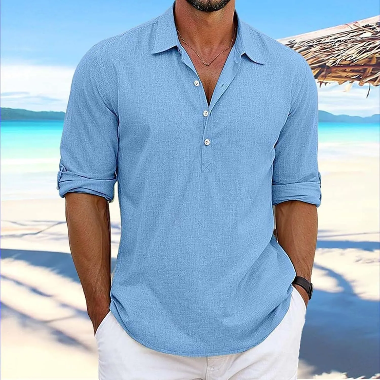 Mens Elbow Sleeves Polo Shirts Loose Fit 4 Buttons Lapel Collar Casual Business Linen T-Shirts Workout Pullover Tops