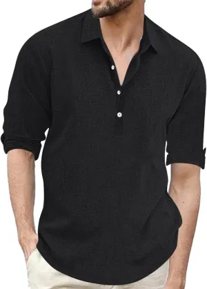 Mens Elbow Sleeves Polo Shirts Loose Fit 4 Buttons Lapel Collar Casual Business Linen T-Shirts Workout Pullover Tops
