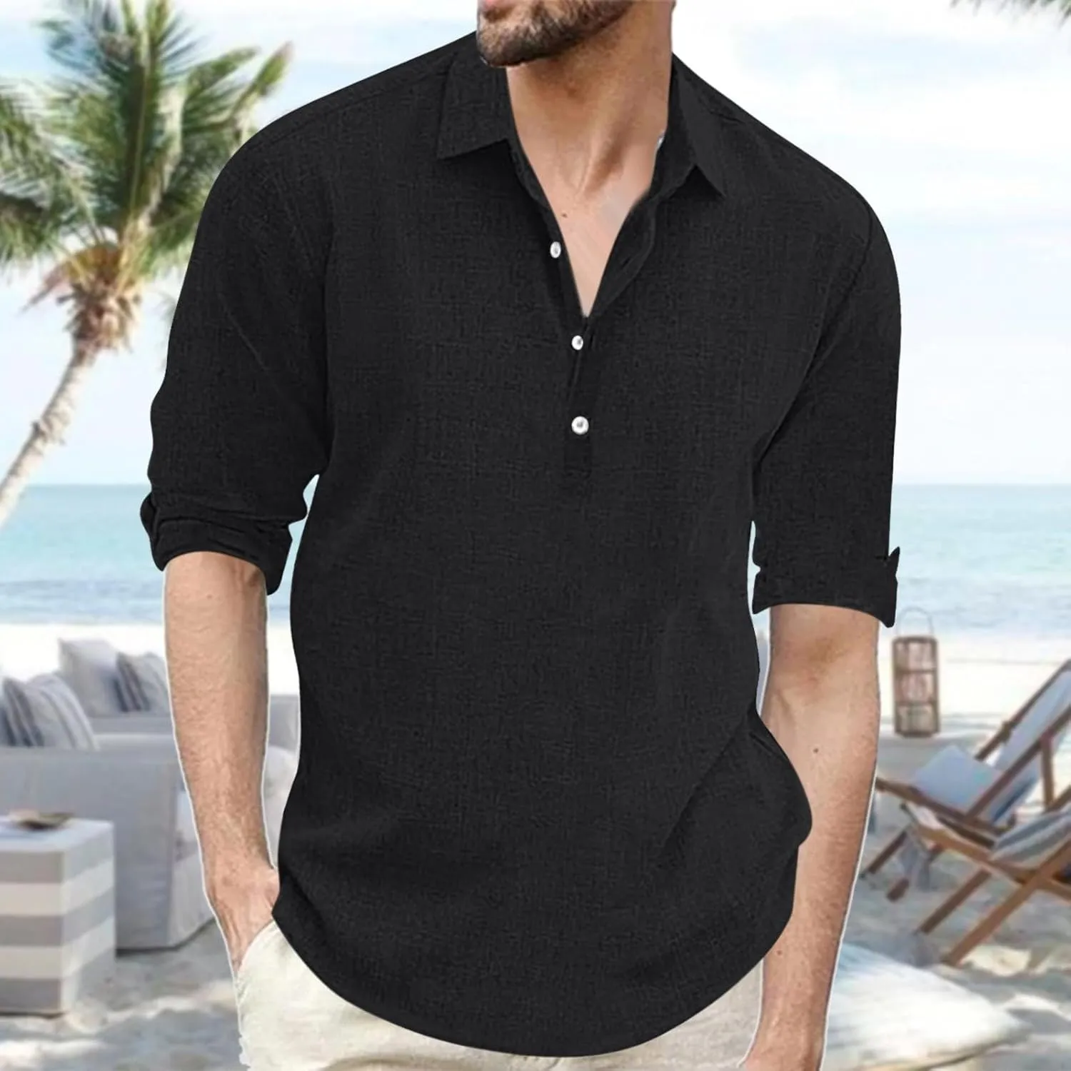 Mens Elbow Sleeves Polo Shirts Loose Fit 4 Buttons Lapel Collar Casual Business Linen T-Shirts Workout Pullover Tops