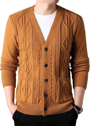 Men's Fashion Temperament Cardigan V Neck Button Down Open Front Sweaters Rhombic Cable Knit Sweater Coat