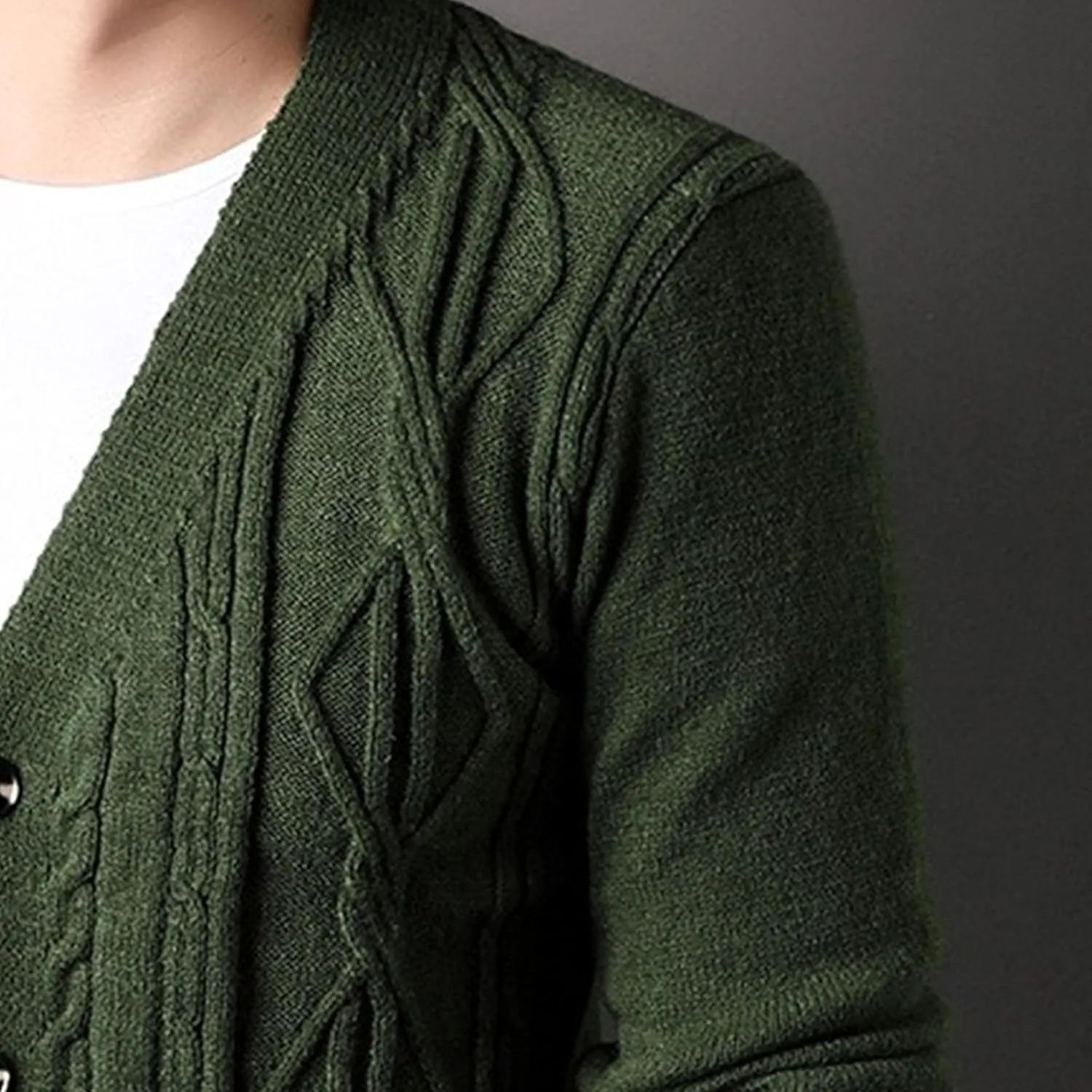Men's Fashion Temperament Cardigan V Neck Button Down Open Front Sweaters Rhombic Cable Knit Sweater Coat