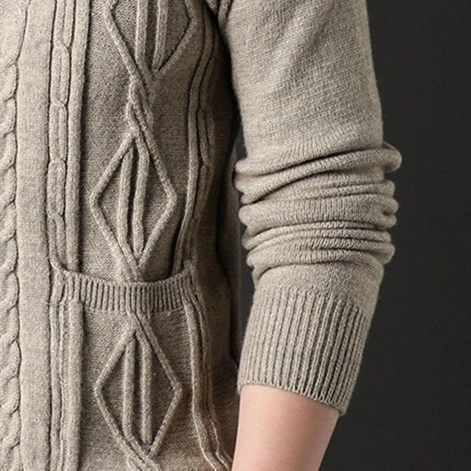 Men's Fashion Temperament Cardigan V Neck Button Down Open Front Sweaters Rhombic Cable Knit Sweater Coat