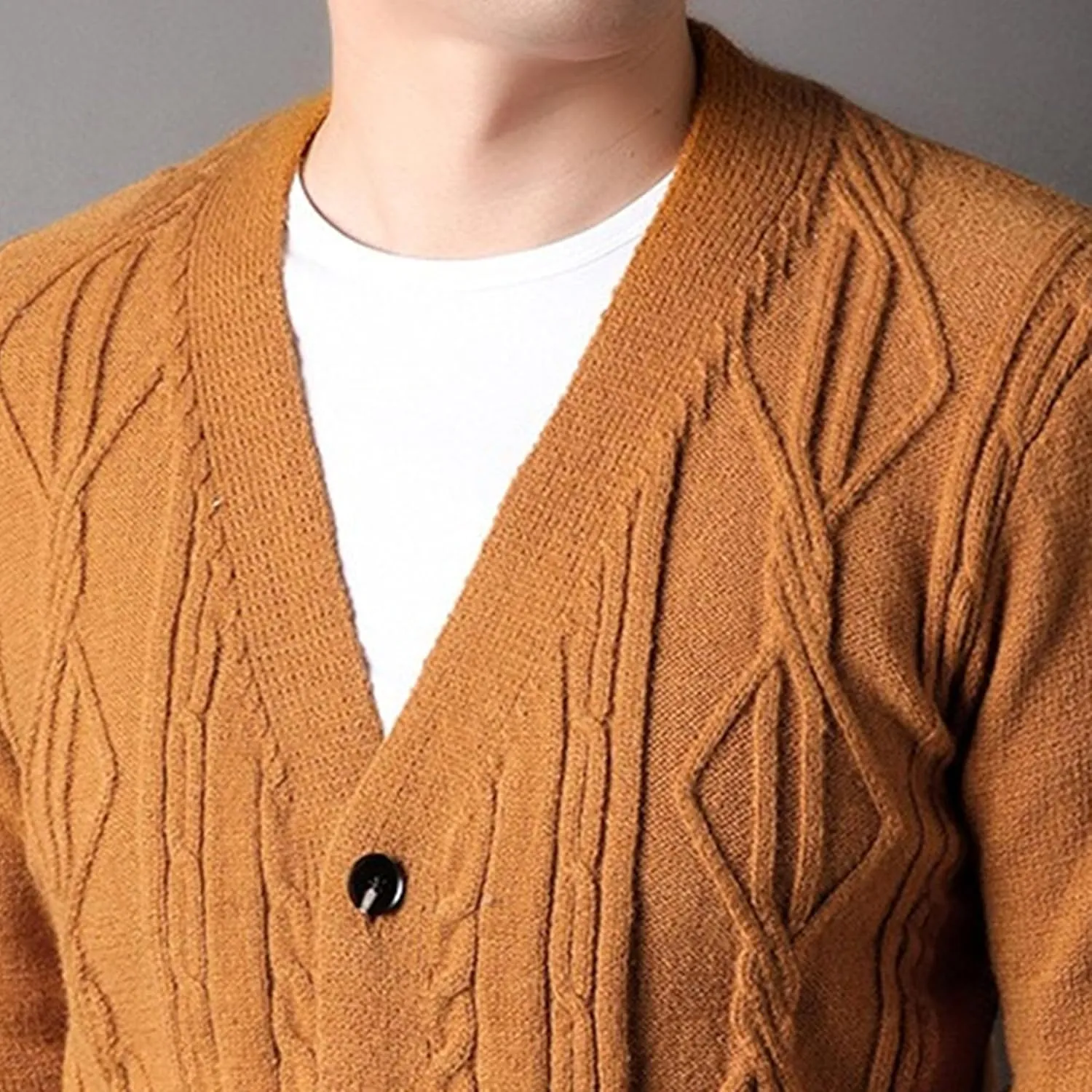 Men's Fashion Temperament Cardigan V Neck Button Down Open Front Sweaters Rhombic Cable Knit Sweater Coat