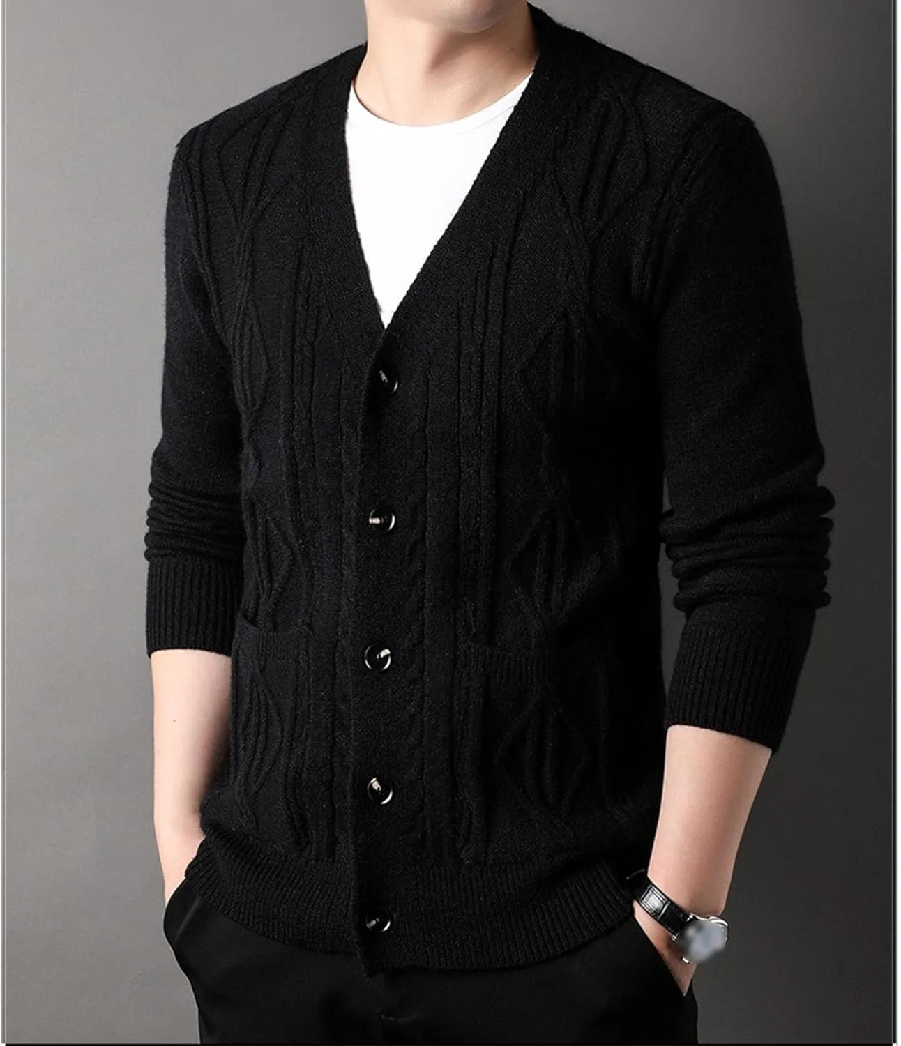 Men's Fashion Temperament Cardigan V Neck Button Down Open Front Sweaters Rhombic Cable Knit Sweater Coat