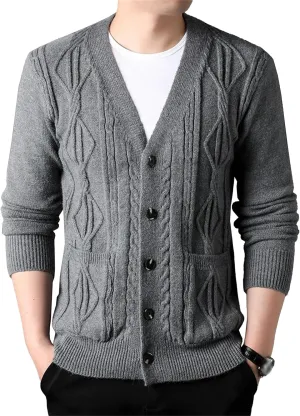 Men's Fashion Temperament Cardigan V Neck Button Down Open Front Sweaters Rhombic Cable Knit Sweater Coat