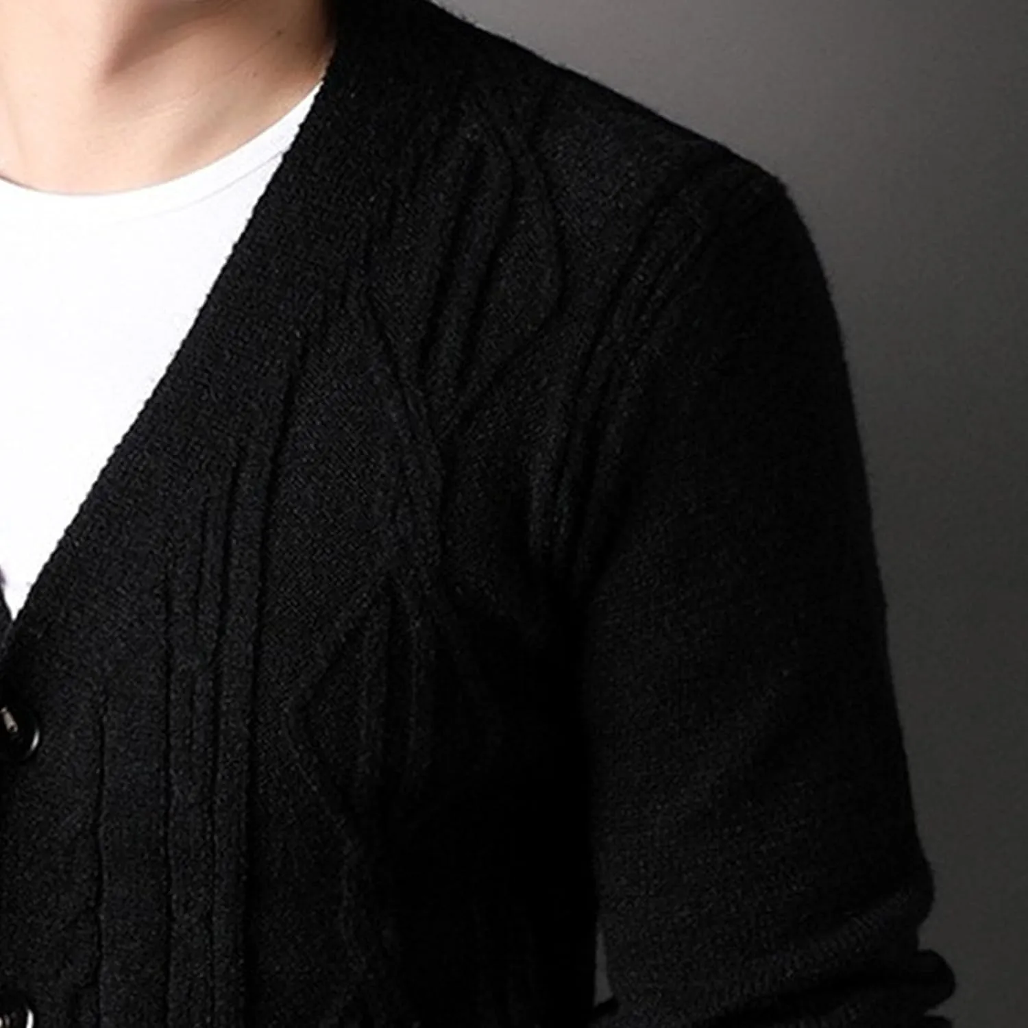 Men's Fashion Temperament Cardigan V Neck Button Down Open Front Sweaters Rhombic Cable Knit Sweater Coat