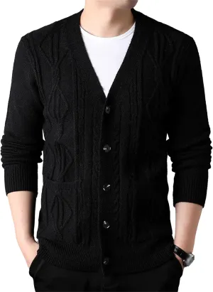 Men's Fashion Temperament Cardigan V Neck Button Down Open Front Sweaters Rhombic Cable Knit Sweater Coat