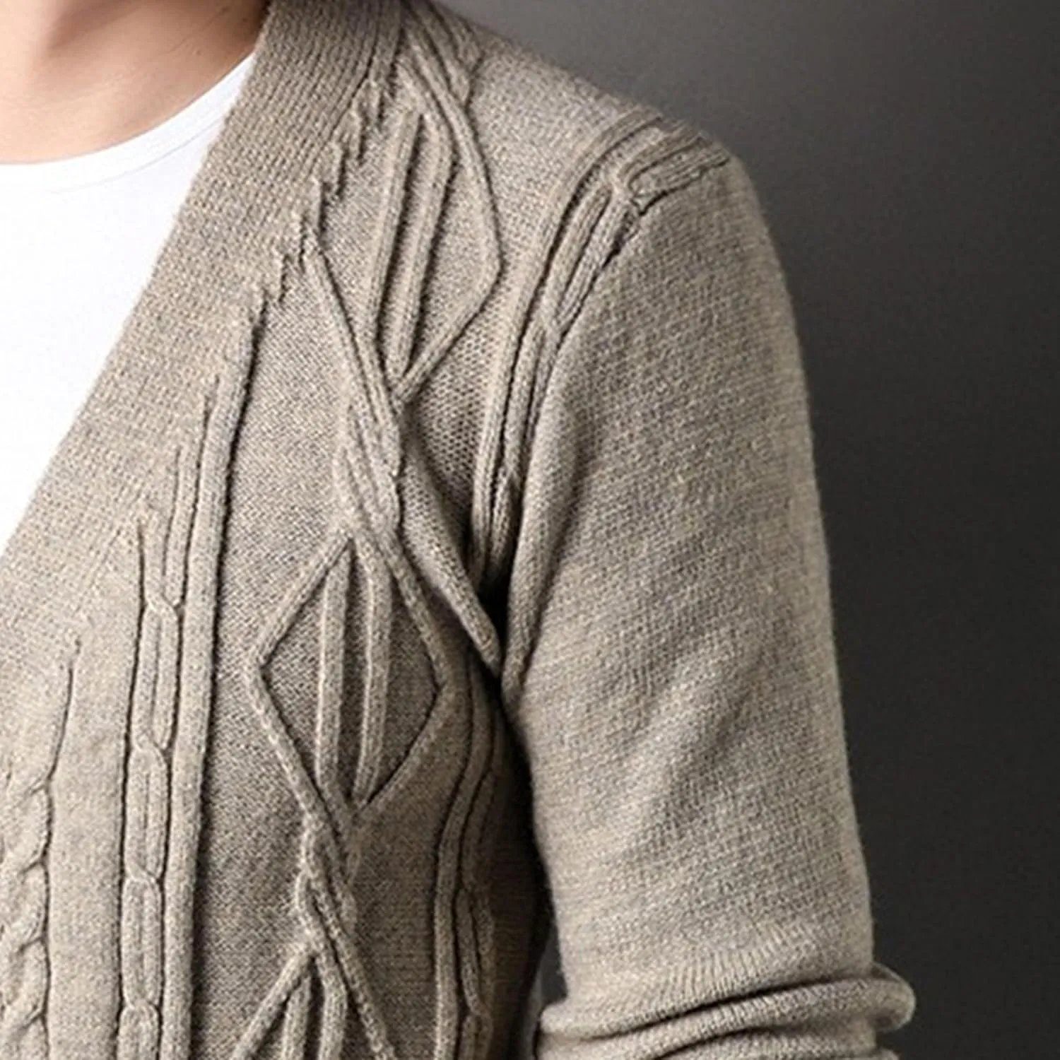 Men's Fashion Temperament Cardigan V Neck Button Down Open Front Sweaters Rhombic Cable Knit Sweater Coat