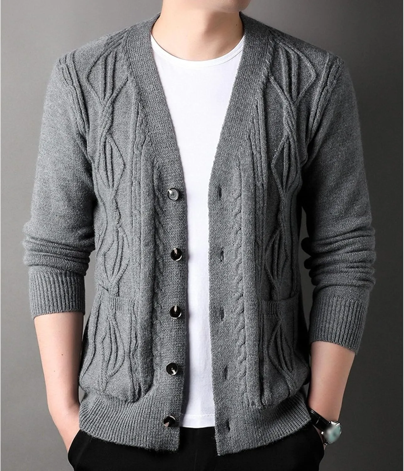 Men's Fashion Temperament Cardigan V Neck Button Down Open Front Sweaters Rhombic Cable Knit Sweater Coat