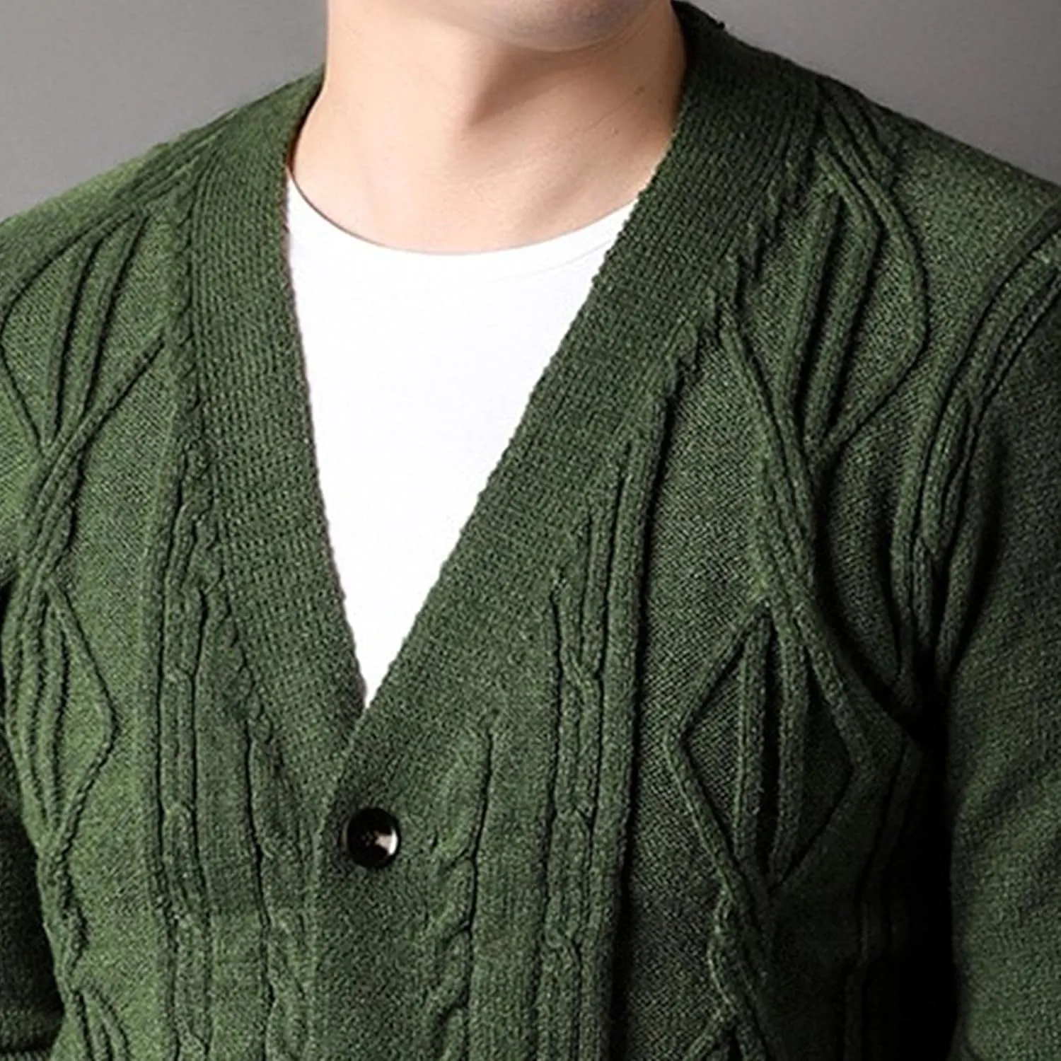 Men's Fashion Temperament Cardigan V Neck Button Down Open Front Sweaters Rhombic Cable Knit Sweater Coat