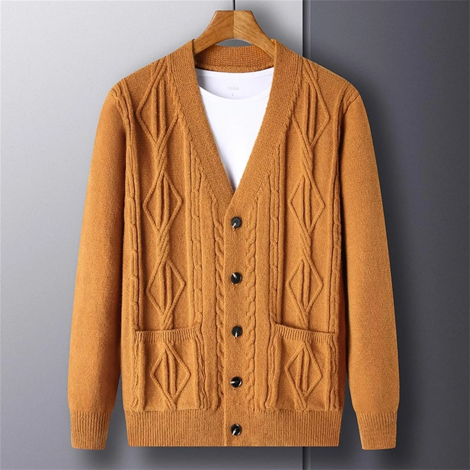 Men's Fashion Temperament Cardigan V Neck Button Down Open Front Sweaters Rhombic Cable Knit Sweater Coat