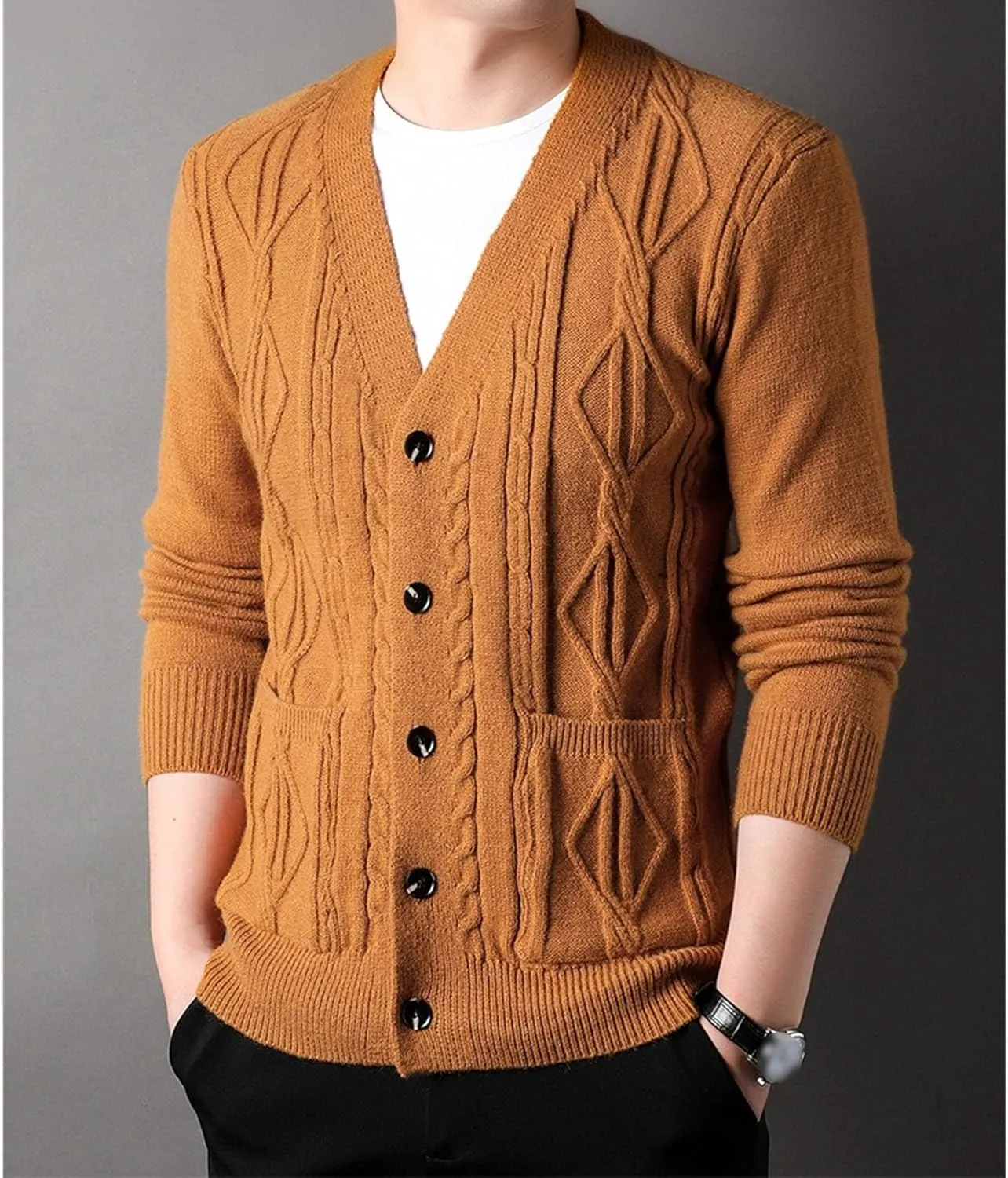 Men's Fashion Temperament Cardigan V Neck Button Down Open Front Sweaters Rhombic Cable Knit Sweater Coat