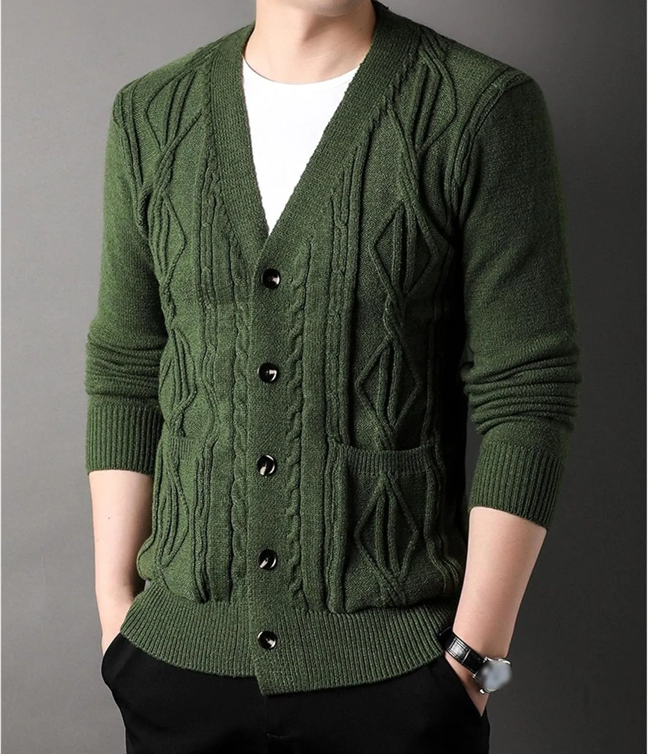 Men's Fashion Temperament Cardigan V Neck Button Down Open Front Sweaters Rhombic Cable Knit Sweater Coat