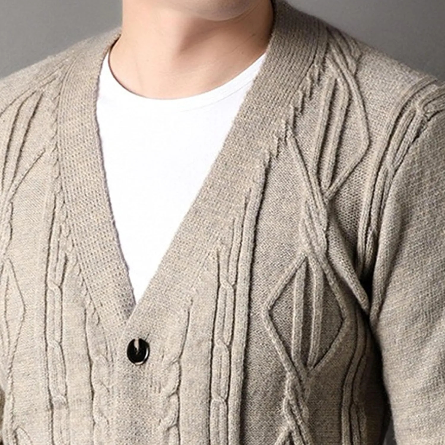 Men's Fashion Temperament Cardigan V Neck Button Down Open Front Sweaters Rhombic Cable Knit Sweater Coat