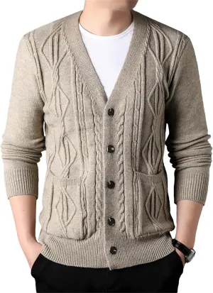 Men's Fashion Temperament Cardigan V Neck Button Down Open Front Sweaters Rhombic Cable Knit Sweater Coat
