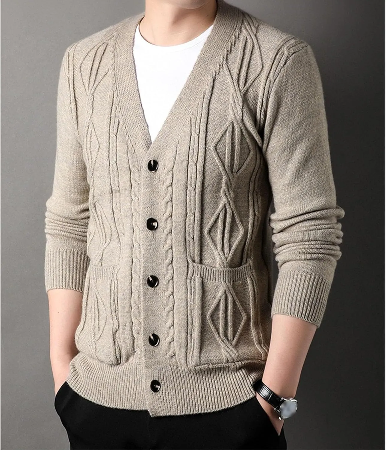 Men's Fashion Temperament Cardigan V Neck Button Down Open Front Sweaters Rhombic Cable Knit Sweater Coat