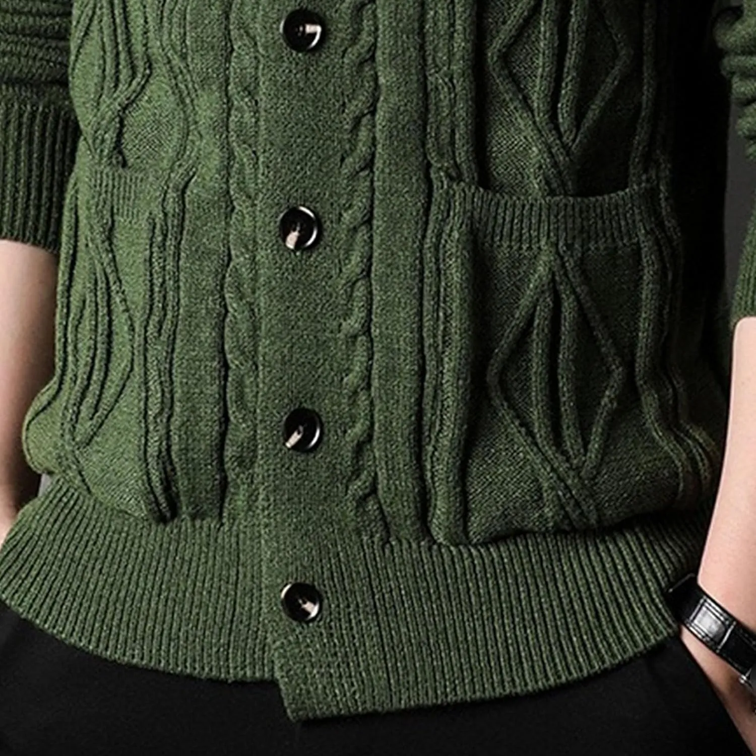 Men's Fashion Temperament Cardigan V Neck Button Down Open Front Sweaters Rhombic Cable Knit Sweater Coat