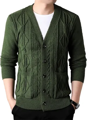 Men's Fashion Temperament Cardigan V Neck Button Down Open Front Sweaters Rhombic Cable Knit Sweater Coat