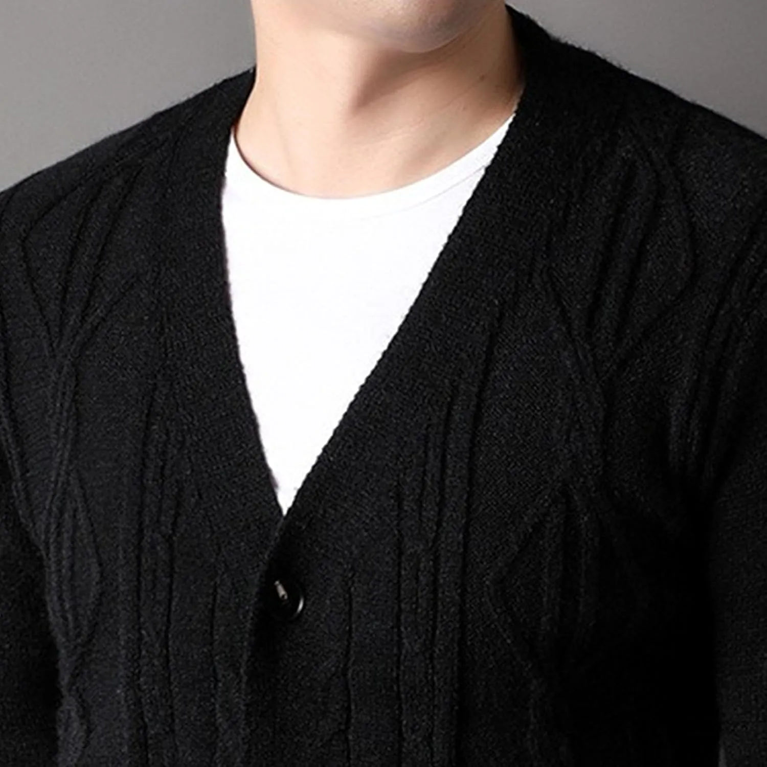 Men's Fashion Temperament Cardigan V Neck Button Down Open Front Sweaters Rhombic Cable Knit Sweater Coat