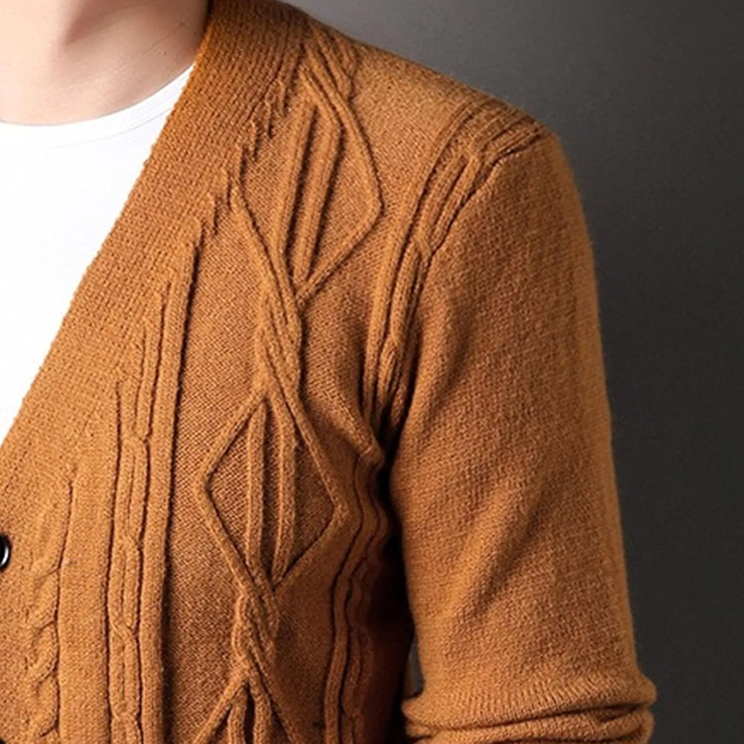 Men's Fashion Temperament Cardigan V Neck Button Down Open Front Sweaters Rhombic Cable Knit Sweater Coat