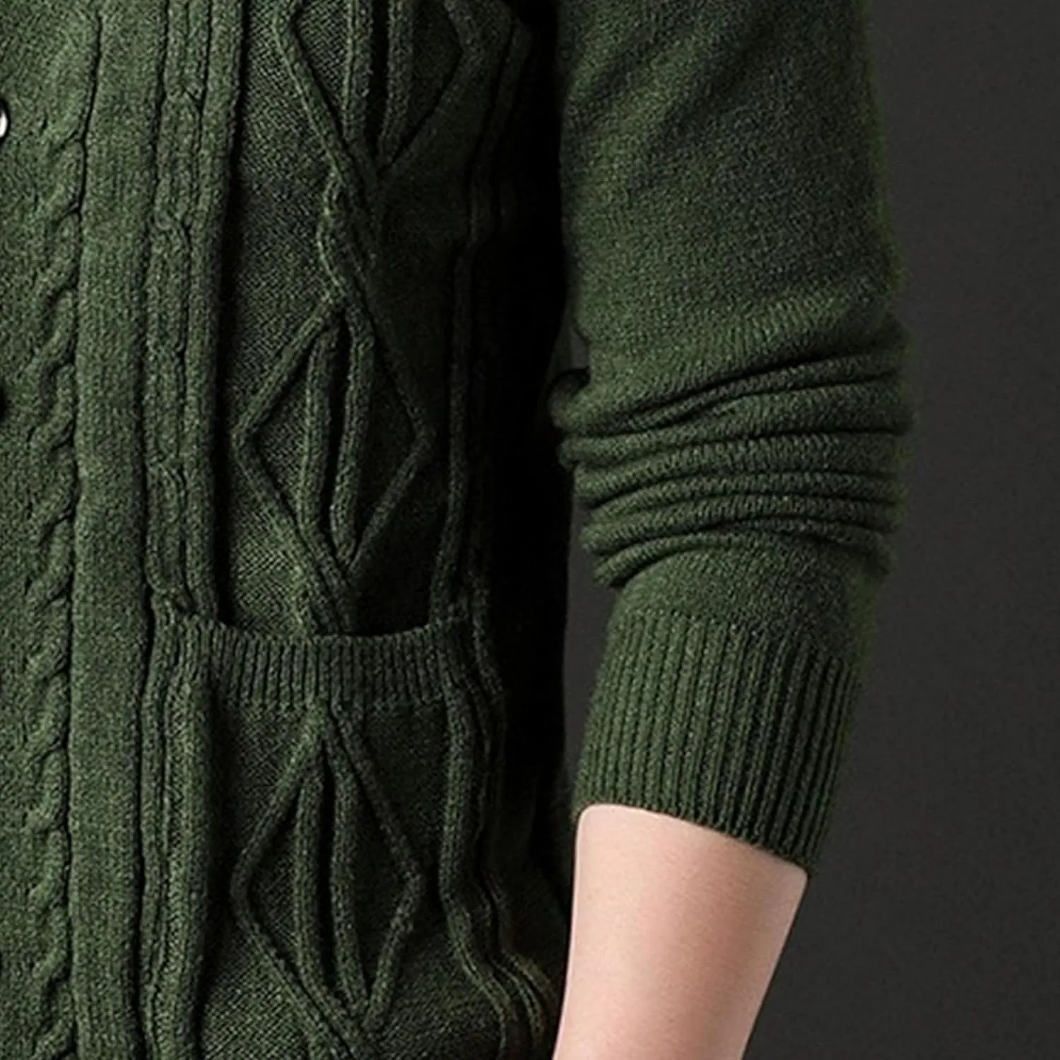 Men's Fashion Temperament Cardigan V Neck Button Down Open Front Sweaters Rhombic Cable Knit Sweater Coat