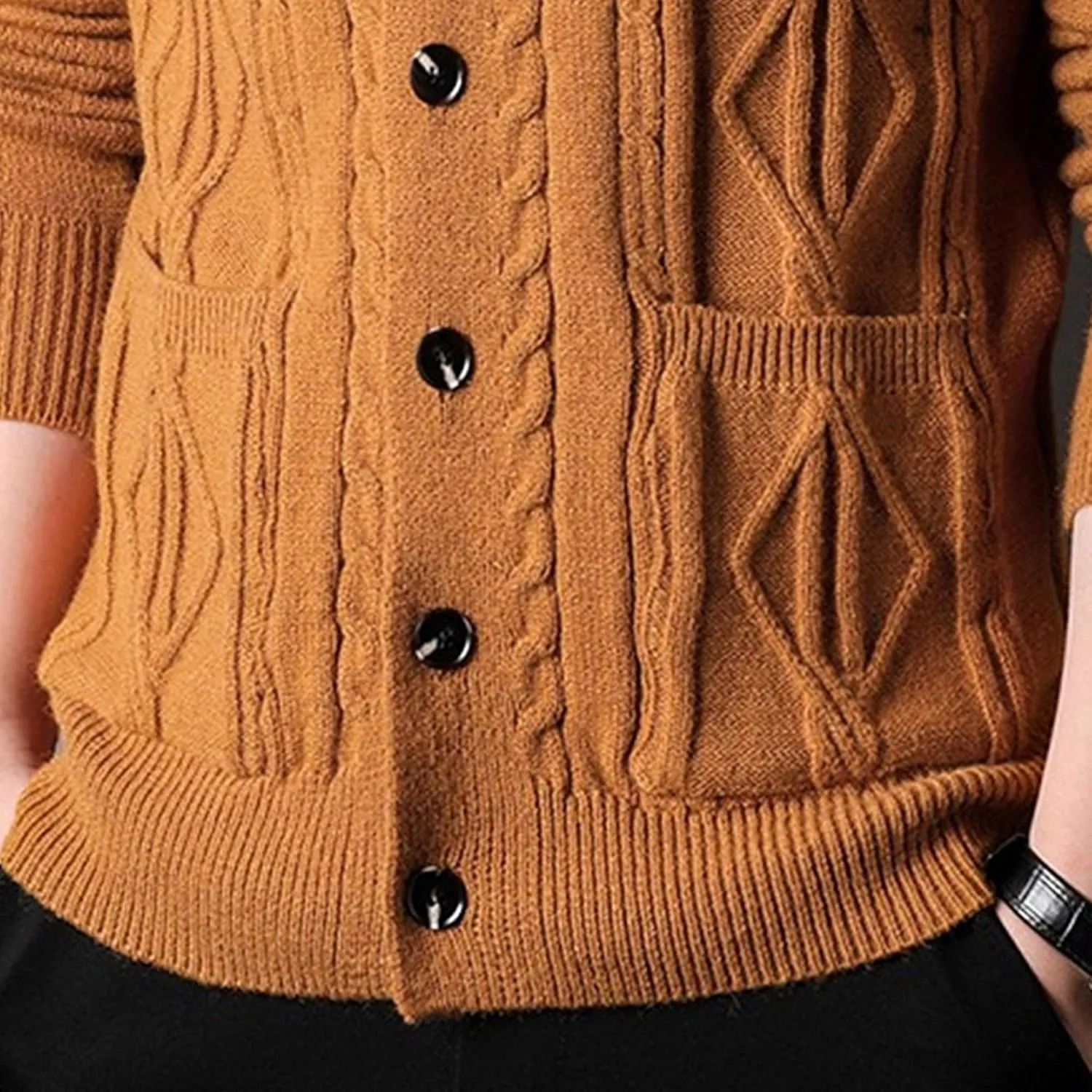 Men's Fashion Temperament Cardigan V Neck Button Down Open Front Sweaters Rhombic Cable Knit Sweater Coat