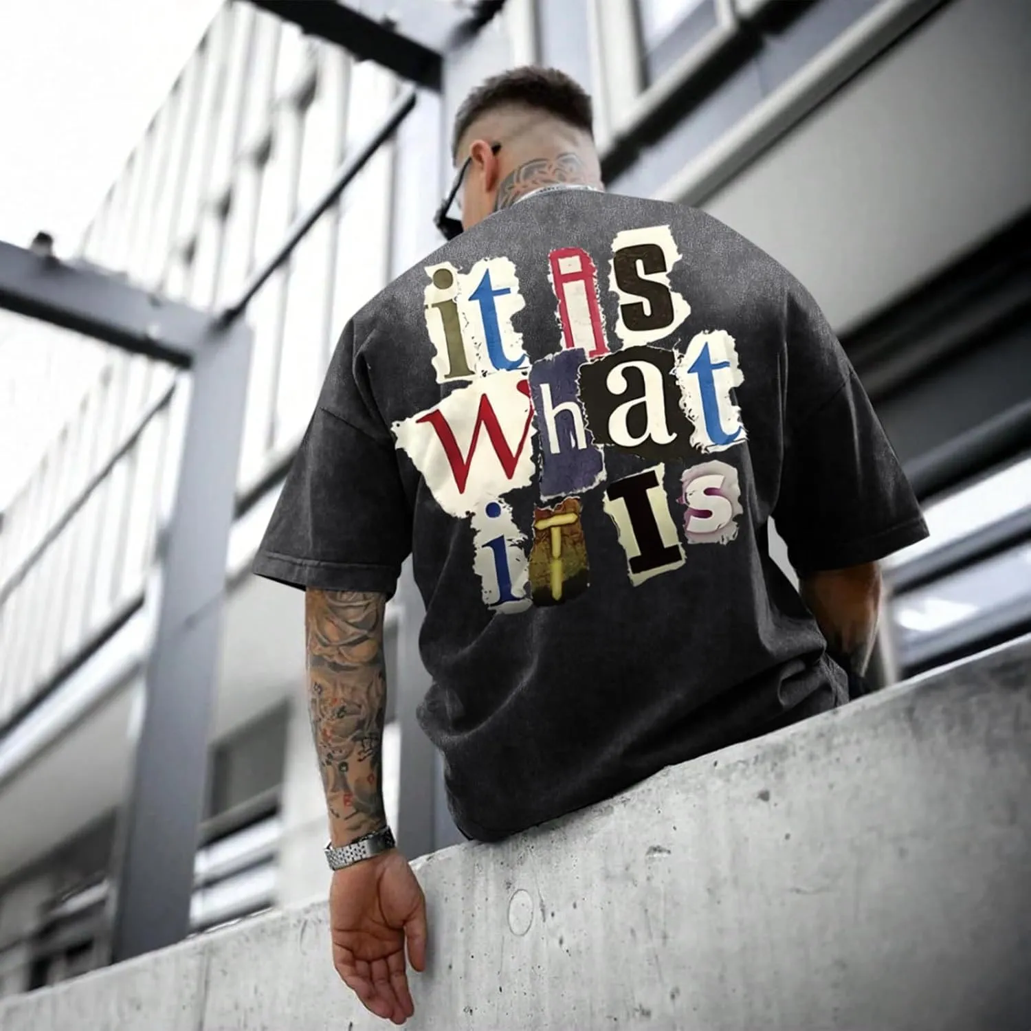 Men's Graphic Tees Funny Letter Print Vintage Oversize T Shirts Acid Wash Shirt Streetwear Rapper Casual Tee Top