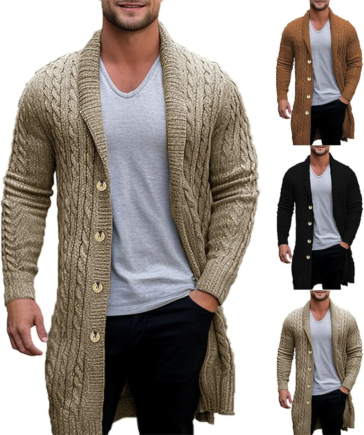 Mens Knit Cardigans Coat Button Down Shawl Collar Open Front Sweaters Long Sleeve Ribbed Fall Spring Warm Top Jackets