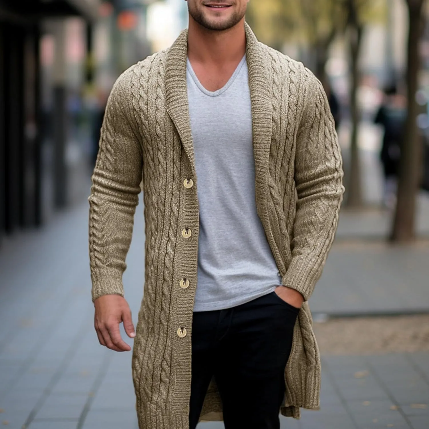 Mens Knit Cardigans Coat Button Down Shawl Collar Open Front Sweaters Long Sleeve Ribbed Fall Spring Warm Top Jackets