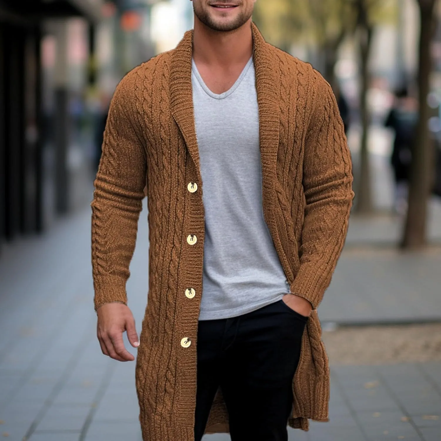 Mens Knit Cardigans Coat Button Down Shawl Collar Open Front Sweaters Long Sleeve Ribbed Fall Spring Warm Top Jackets