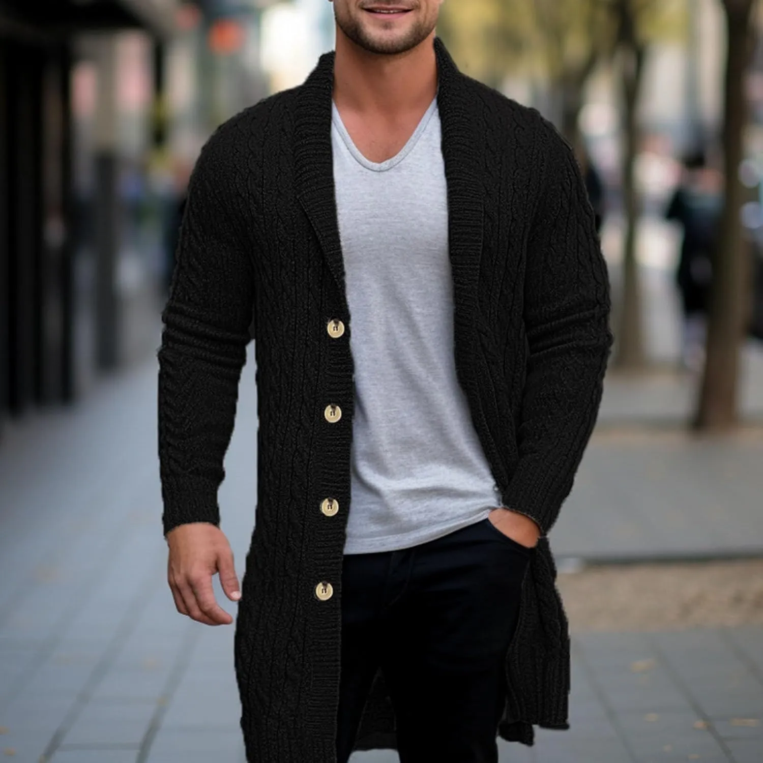 Mens Knit Cardigans Coat Button Down Shawl Collar Open Front Sweaters Long Sleeve Ribbed Fall Spring Warm Top Jackets