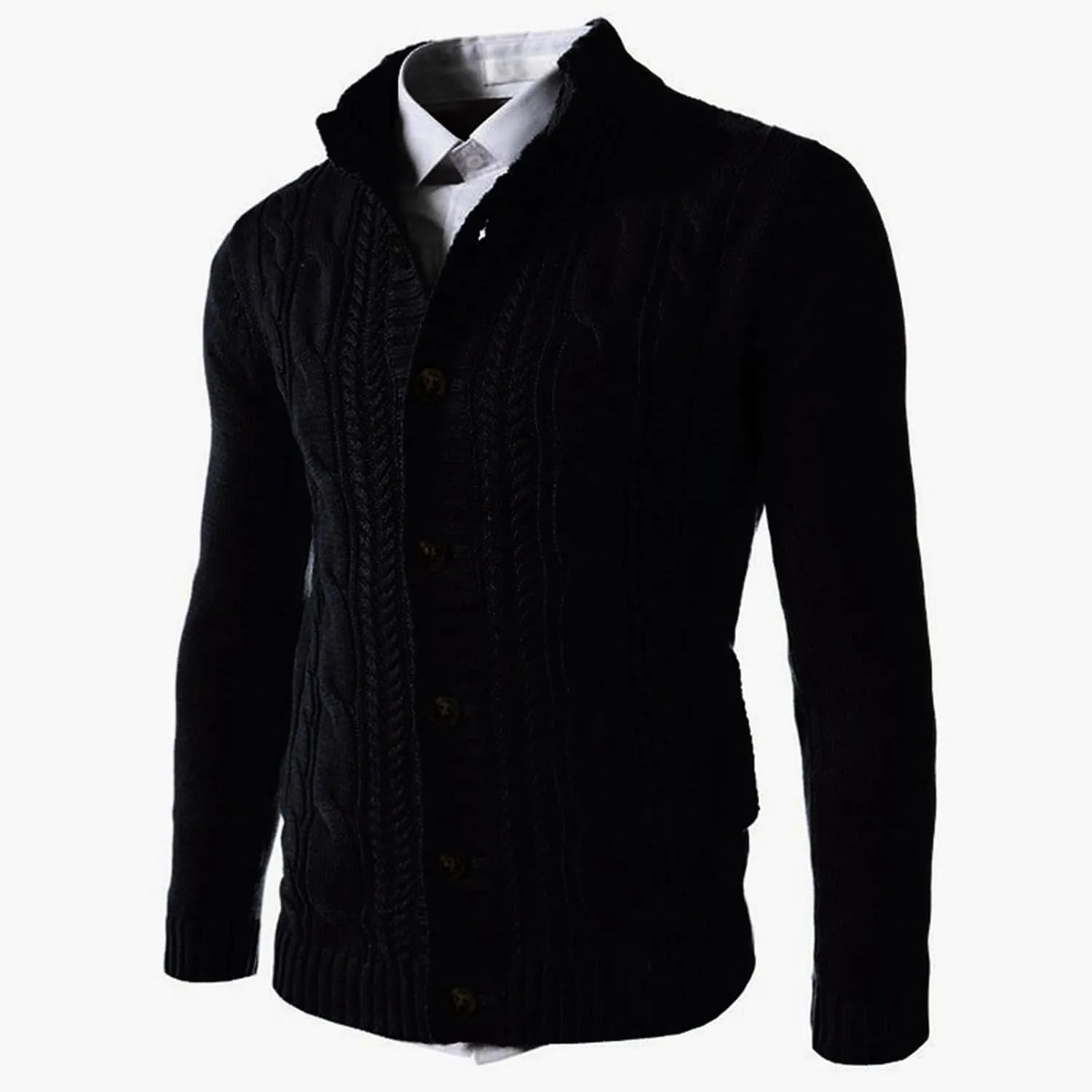 Mens Shawl Collar Cable Knitted Cardigan Sweaters Button Down Loose Fit Knitwear Open Front Sweaters Winter Outwear