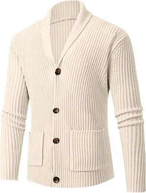 Mens Shawl Collar Cardigan Sweaters Button Down Open Front Knitwear Slim Fit Cable Knitted Ribbed Jackets Outerwear