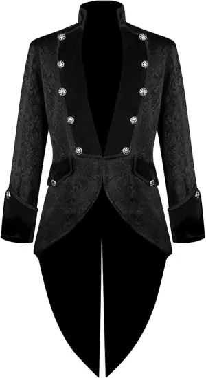 Mens Slim Fit Steampunk Tailcoat Jacquard Trench Coat Gothic Victorian Frock Coat High Collar Jacket Halloween Costume