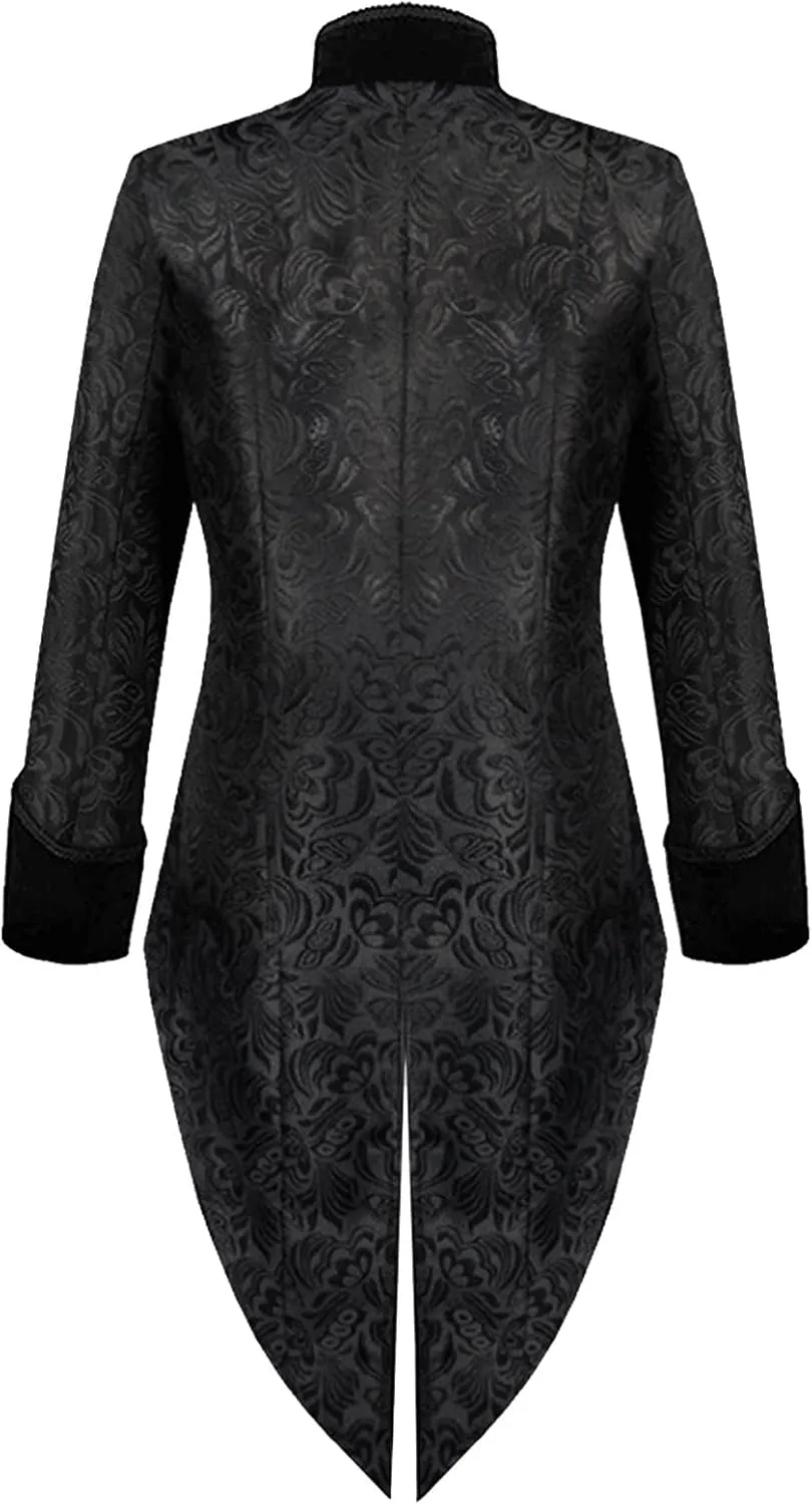 Mens Slim Fit Steampunk Tailcoat Jacquard Trench Coat Gothic Victorian Frock Coat High Collar Jacket Halloween Costume