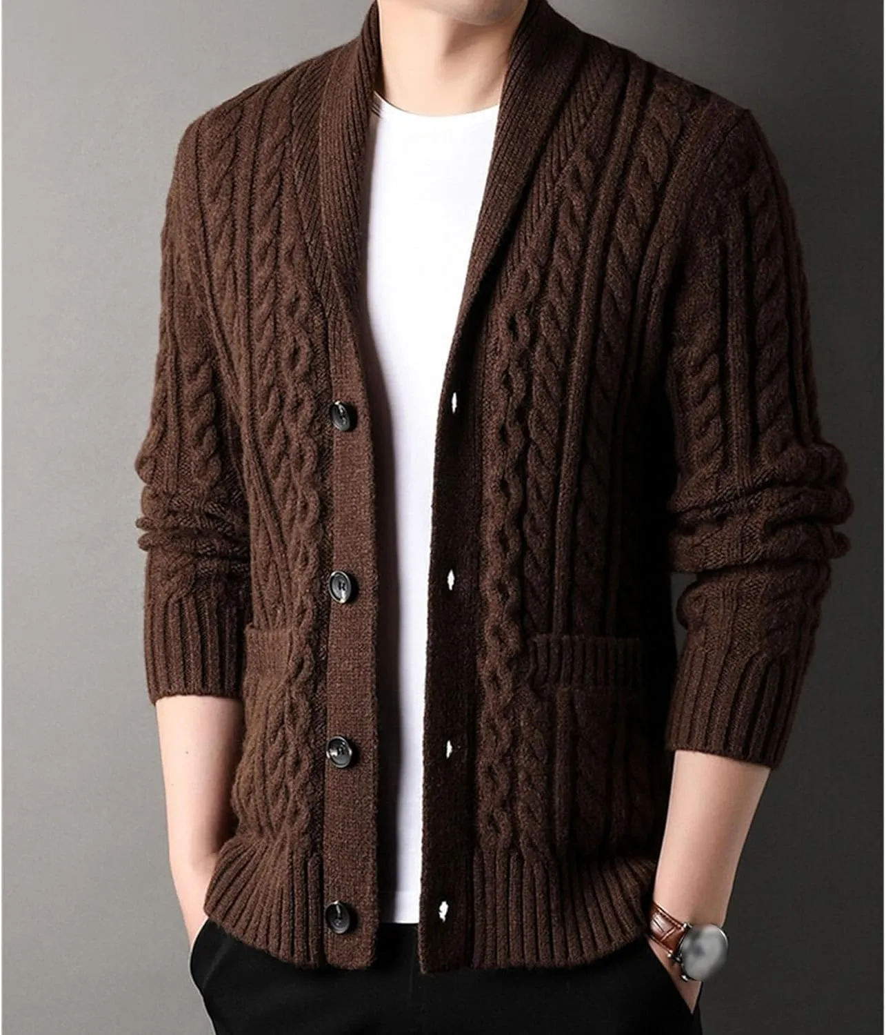 Mens Sweater Shawl Collar Cable Knit Cardigan Fashion Slim Fit Knit Clothes Coat Button Down Open Front Sweaters