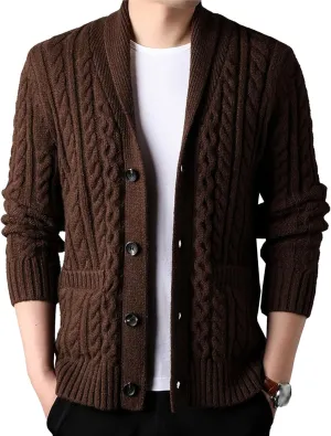 Mens Sweater Shawl Collar Cable Knit Cardigan Fashion Slim Fit Knit Clothes Coat Button Down Open Front Sweaters